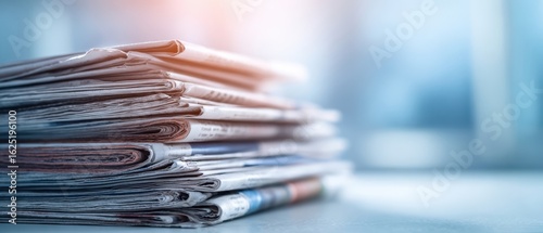 The stack of newspapers on a desk with a blurred background aesthetic.