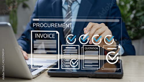 Canvas Print Businessman navigating digital procurement workflow, selecting invoice with confirmation icon