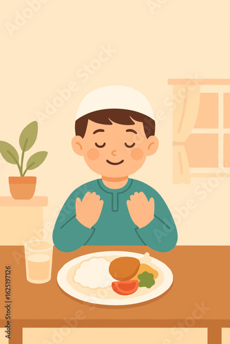 Flat vector illustration of a Muslim boy praying before eating during Ramadan. The child is wearing traditional Islamic clothing and sitting at a table with a plate of food and a glass of water