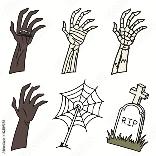 Halloween icon set grave hand zombie arm skelet