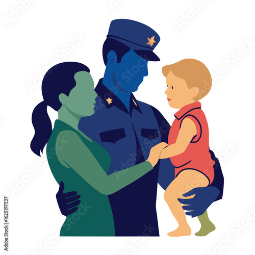 Vector illustration of a doctor and nurse standing together with a mother and child, and a loving father holding his two children