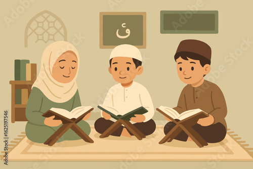 Vector illustration of a Muslim woman in hijab writing or studying at home. Surrounded by books, a warm interior, and Islamic decor, this scene represents knowledge, personal growth, and Islamic