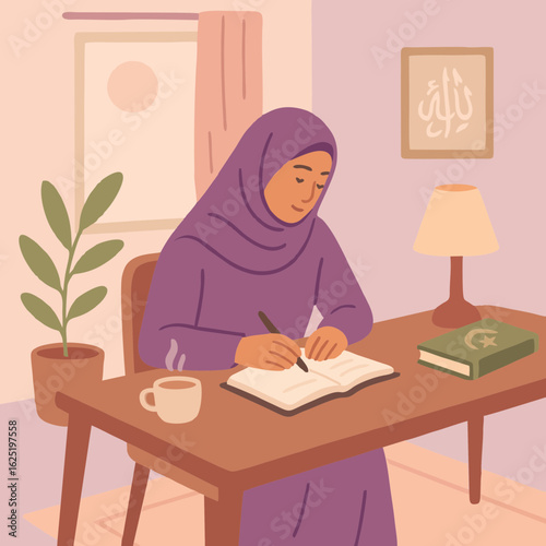 Vector illustration of a Muslim woman in hijab writing or studying at home. Surrounded by books, a warm interior, and Islamic decor, this scene represents knowledge, personal growth, and Islamic