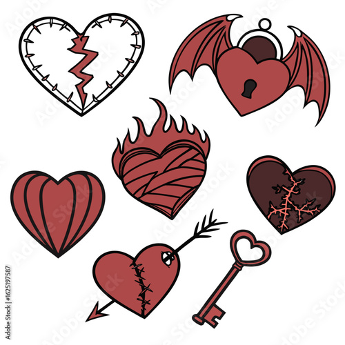 Halloween icon set stitched heart bleeding heart