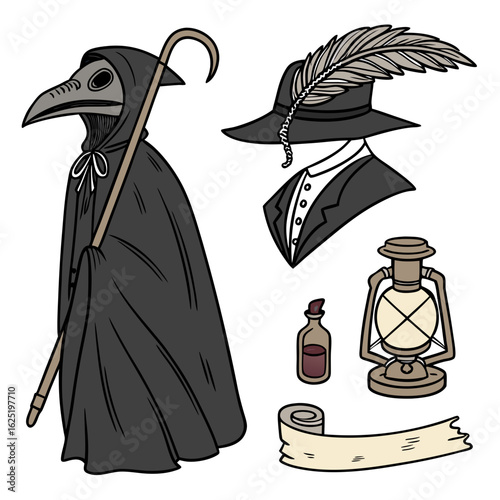 Halloween icon set plague doctor mask feather