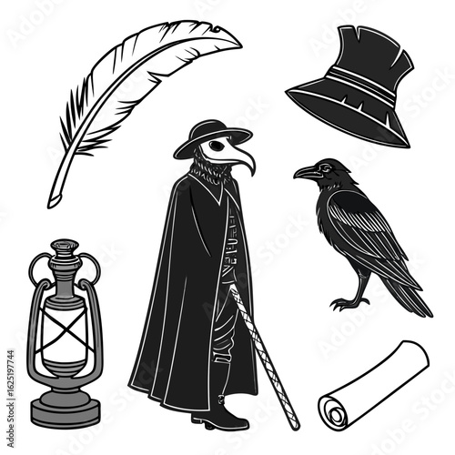 Halloween icon set plague doctor mask feather
