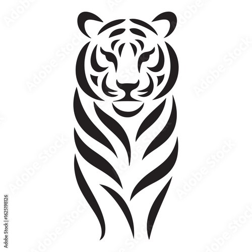 Stylized black and white tiger illustration facing the viewer front