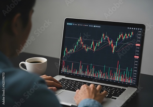 Photo of over the shoulder view of a person analyzing stock market trading charts and graphs on a laptop with a cup of coffee nearby