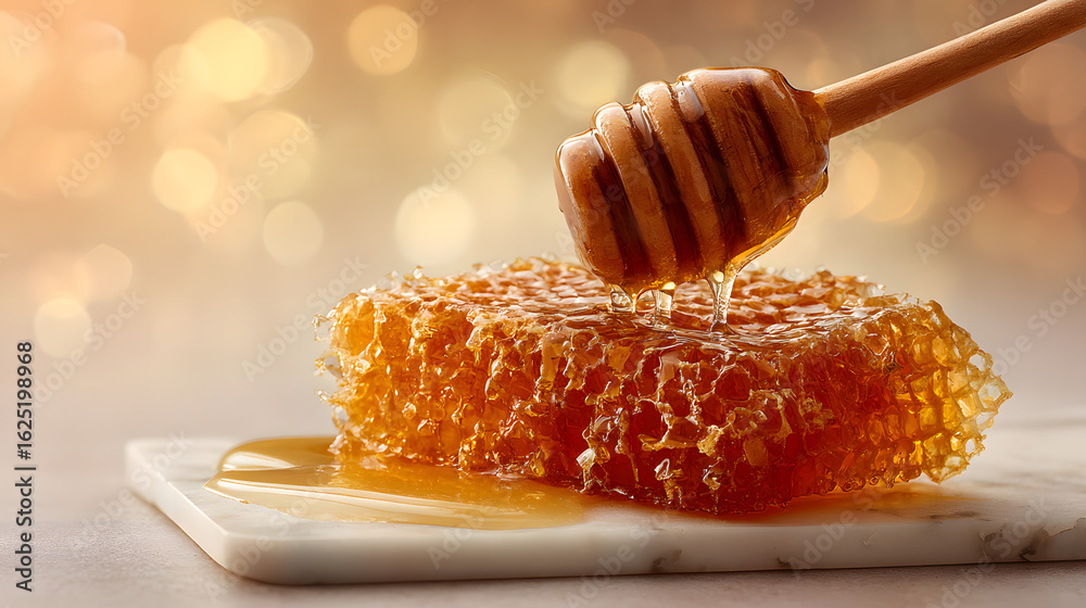 Golden Honeycomb Dripping Sweet Nectar from Wooden Dipper on Marble Slab with Bokeh Background Golden Honeycomb Dripping Sweet Nectar from Wooden Dipper on Marble Slab with Bokeh Background