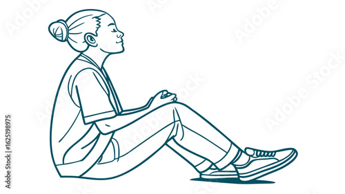 Line drawing of a woman sitting on the ground with her hands clasped on her knees in a relaxed pose