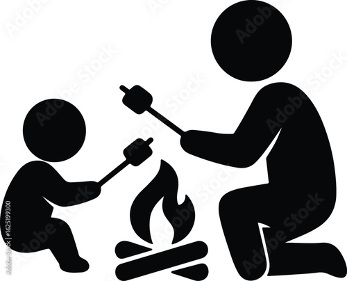 Silhouette father and child roasting marshmallows on campfire vector illustrator