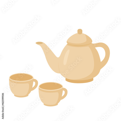 Teapot with two teacups in flat style
