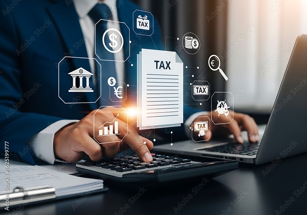 Fototapeta premium Photo of closeup of a person using a calculator and laptop with taxrelated icons, representing financial management and tax obligations