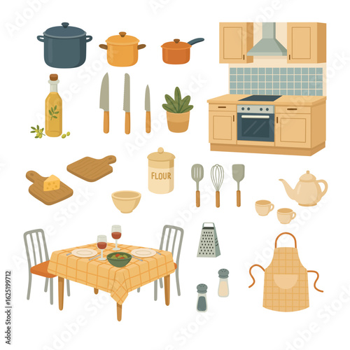 Kitchen tools and furniture set in flat design