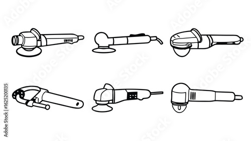 Hand drawn set of angle grinder tool icons for construction and industrial work design