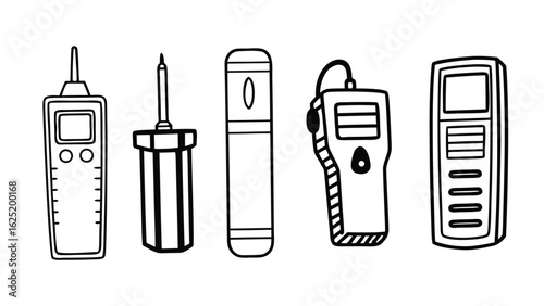 Hand drawn set of electronic measuring tools and testers for construction and repair work