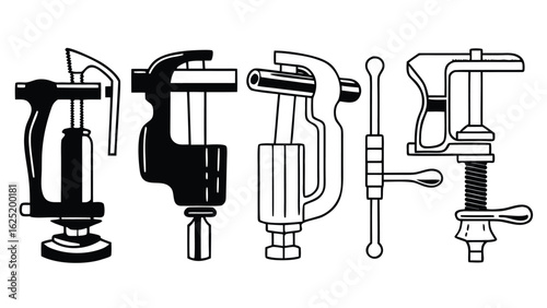 Set of metal clamp and vise tool icons for workshop, repair, and construction use