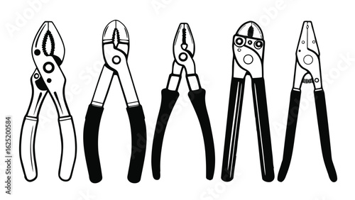 Hand drawn set of pliers tool icons for construction, repair, mechanic, and workshop equipment