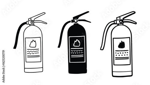 Hand drawn set of fire extinguisher icons for safety, emergency, and fire prevention illustrations