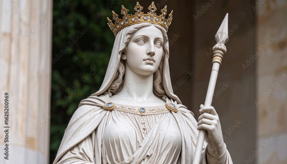 Obraz premium Statuesque queen, regal crown, spear, serene expression, marble, outdoor setting.