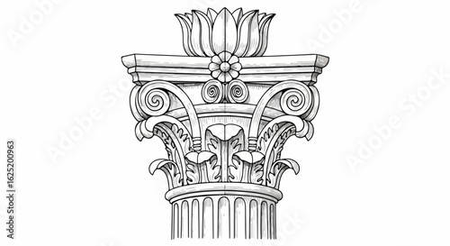 Detailed Ionic Column Capital Illustration with Floral and Scroll Elements