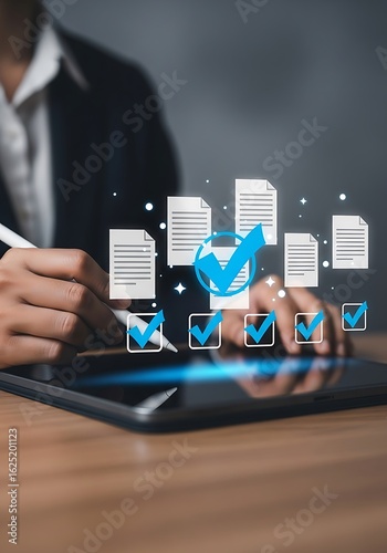 Photo of business person using a tablet with digital documents and checkmarks, symbolizing online task management and process approval