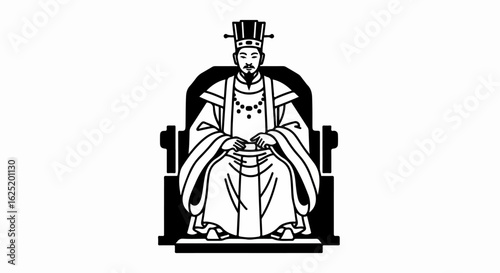 Ancient East Asian Emperor Figure in Traditional Robes Seated on Throne, Black and White Vector Illustration