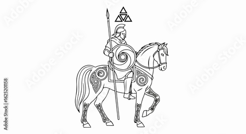 Celtic Warrior on Horseback with Spear and Shield Line Art