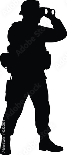 Silhouette of Military Soldier Using Binoculars in Full Tactical Gear – Standing Pose on White Background