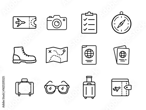 Travel essentials and packing icon set with suitcase, passport, travel bag, camera, map, ticket, sunglasses, travel pillow, and checklist, outline style