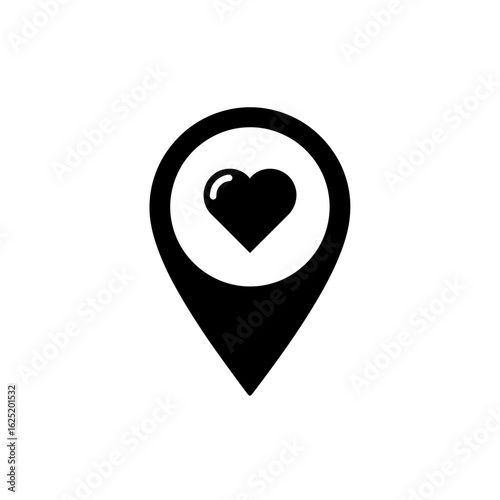 Black map pointer icon with a heart inside indicating a favorite location