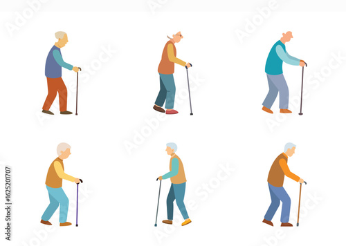 Collection of walking elderly people using walking sticks for mobility