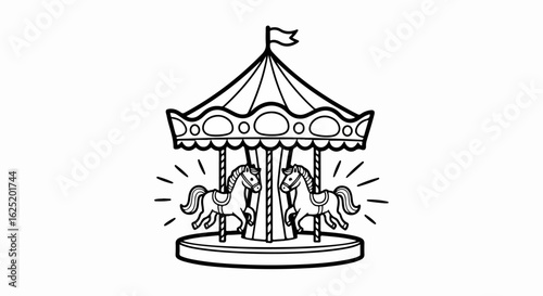 Charming black and white line drawing of a traditional fairground carousel with two decorated horses on a rotating platform.