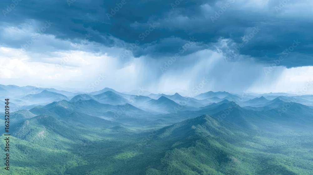 Fototapeta premium A panoramic view of rolling green hills under a dramatic sky, sunbeams breaking through storm clouds, rural wilderness 