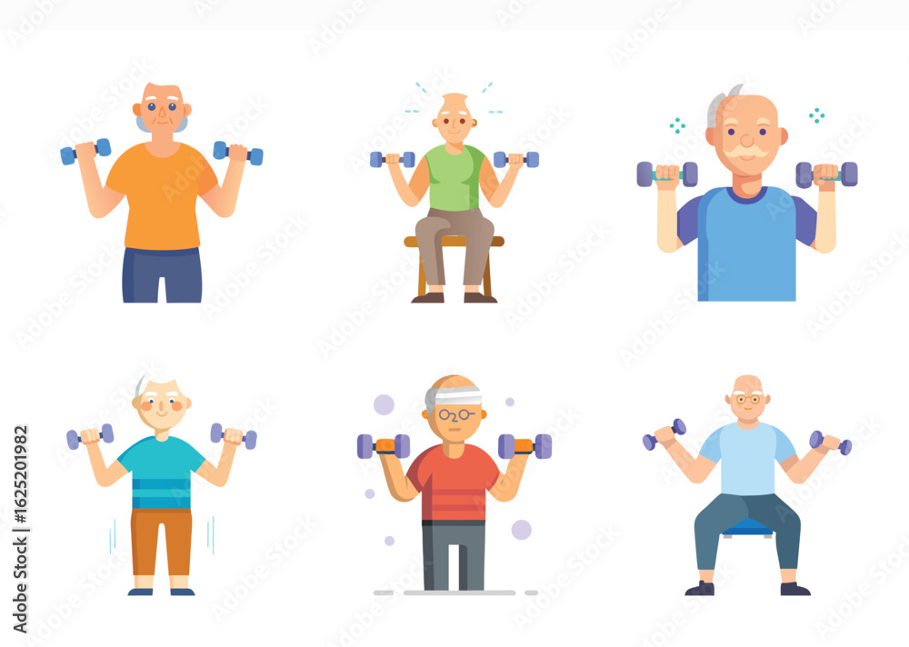 Set of senior men exercising with dumbbells and staying physically active Set of senior men exercising with dumbbells and staying physically active