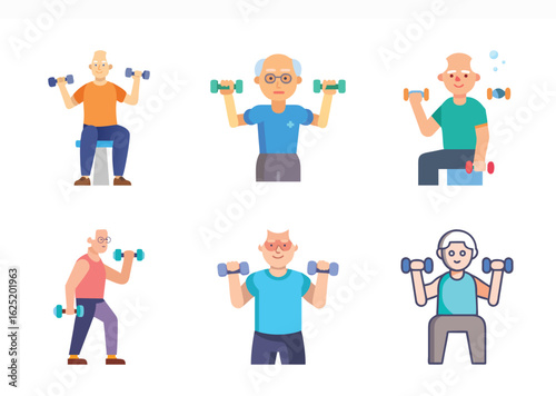 Set of Senior Cartoon Characters Exercising with Dumbbells on White Background