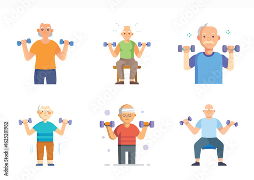 Set of senior men exercising with dumbbells and staying physically active