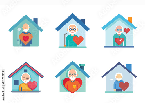 Stay home, stay safe, senior care, love and protection conceptual illustration