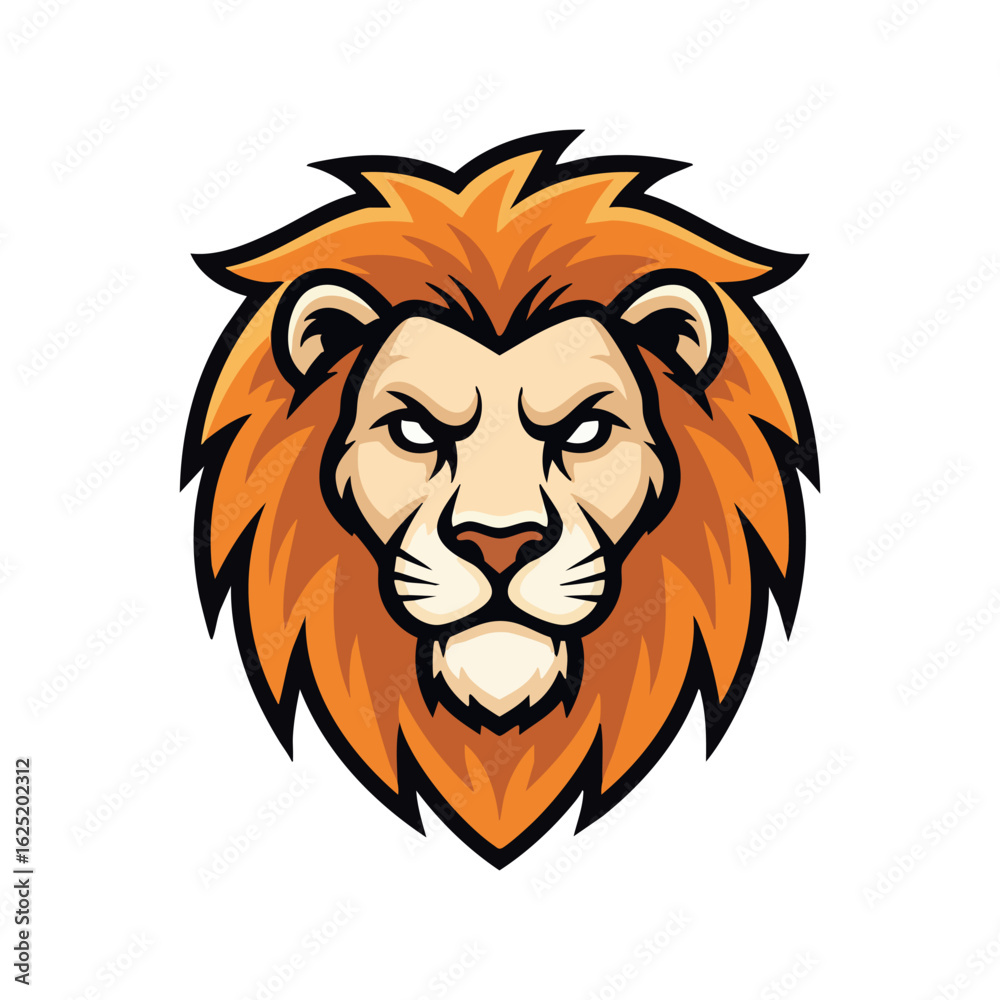 Fototapeta premium Bold lion mascot head logo, fierce animal power, modern design, striking orange and blue