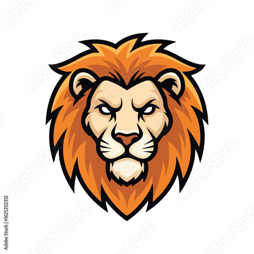 Bold lion mascot head logo, fierce animal power, modern design, striking orange and blue