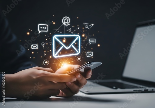 Photo of closeup of a person holding a smartphone with glowing email and communication icons, representing digital messaging and connectivity