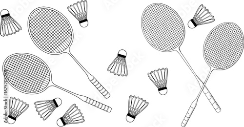 Badminton rackets and shuttlecocks line drawing sports equipment