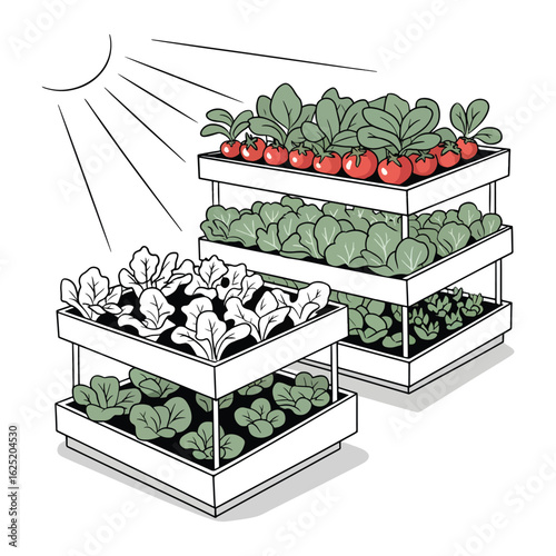 A 3-tier vertical garden growing fresh vegetables under the sun vector illustration.