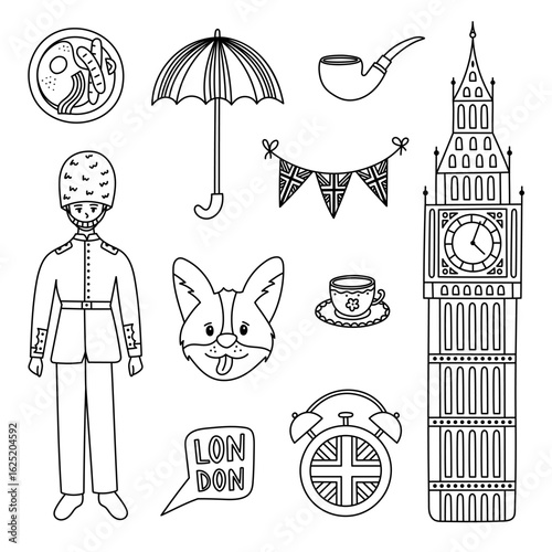 Lovely sketch England and London set with popular landmarks, symbols, emblems of UK. Childish hand drawn doodle Big Ben clock tower, British guard of Queen, umbrella, alarm clock for learning English.