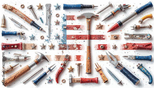 Vector art of labor day arrangement of tools with american flag isolated on white