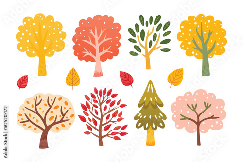 Diverse Trees Illustration: A charming illustration showcasing a variety of trees with unique shapes and foliage in a whimsical art style.