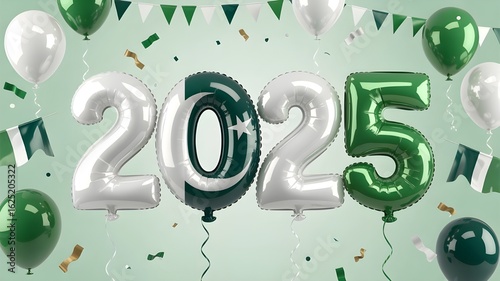 "Pakistan Independence Day Green and White Celebration with Crescent, Star, Balloons, and Patriotic Accessories – 14 August Festive Backgroun