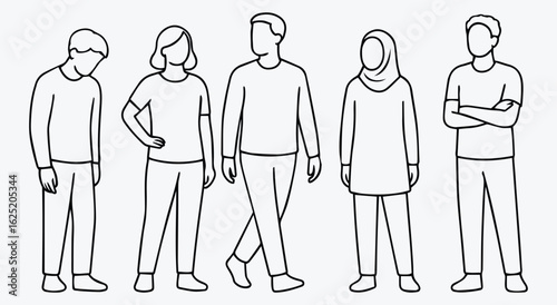 CAD Drawings.Diverse Group of People Line Art Vector Illustration. Minimalist Outline Characters Including a Woman in a Hijab. Modern Figures for Community, Diversity, and Teamwork Concepts. Set.