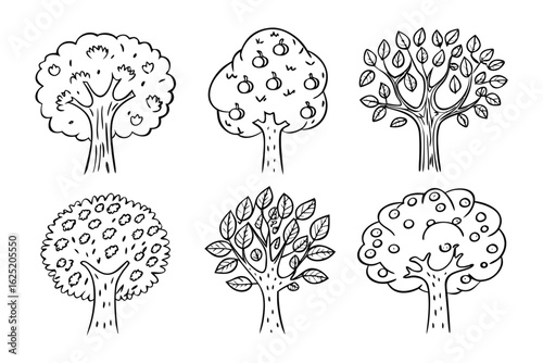 Tree Collection: A collection of illustrated trees. Featuring varied styles, detailed textures, and distinct characteristics, the image showcases the diverse forms and natural beauty of trees. 