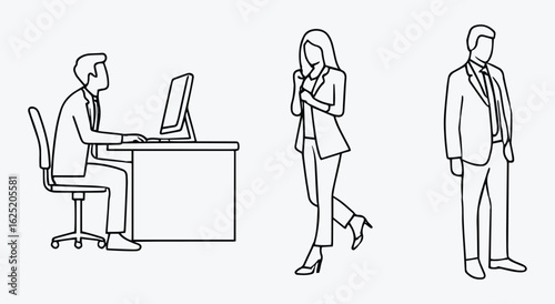 CAD Drawings. Business People Line Art Vector Illustration Set. Minimalist Outline Characters of Office Professionals Working at a Desk. Corporate Employee Figures for Presentation and Design Projects